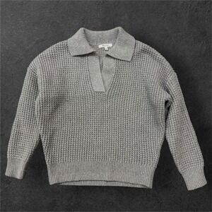 Madewell Gray Waffle Knit Sweater Small  Polo Collared V-Neck Cotton Merino Wool